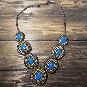 Boho Blue Cabochon Statement Necklace Beaded Crochet Bib Festival Jewelry